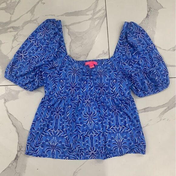 Lilly Pulitzer Floriana Knit Top Abaco Blue Have it both Rays Large Bohemian - Picture 1 of 9